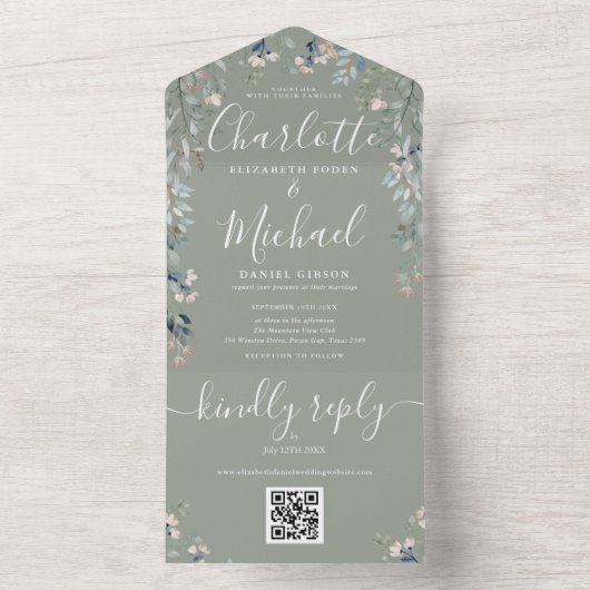 Blumenschrift QR Code Sage Green Wedding All In One Einladung (Innen Boden)