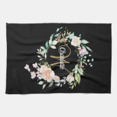 Blumenschrift-Rose-Monogramm-Gold-Schwarz Geschirrtuch (Horizontal)