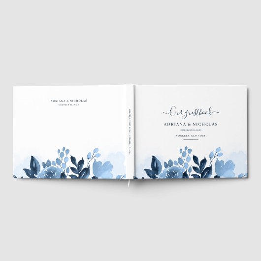 Blumenschrift Watercolor Navy Blue Wedding Gästebuch (Voll)