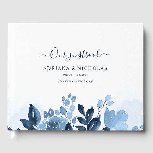 Blumenschrift Watercolor Navy Blue Wedding Gästebuch (Vorderseite)