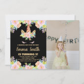 Blumenschwarz Einhorn Geburtstag mit Foto Einladung (Vorderseite)
