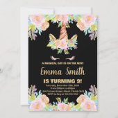 Blumenschwarz Einhorn Geburtstagseinladungen Einladung (Vorderseite)