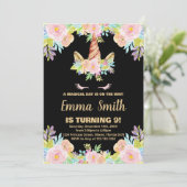 Blumenschwarz Einhorn Geburtstagseinladungen Einladung (Stehend Vorderseite)