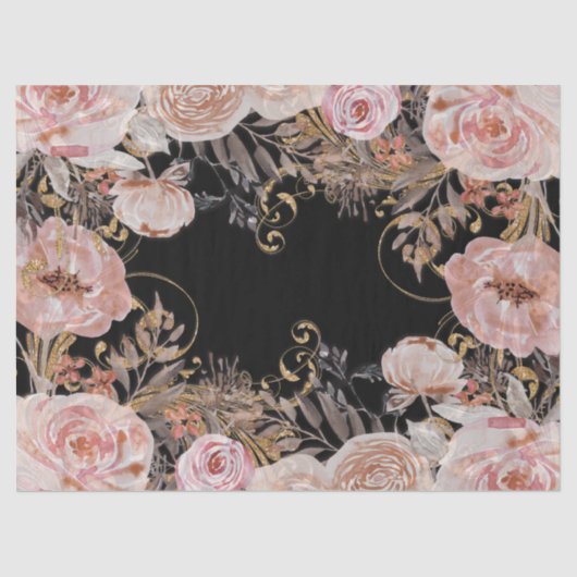Blumenschwarz Pink BOHO Rose Gold Foliage Decoupag Seidenpapier (Vorderseite)