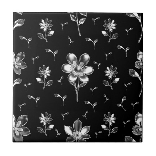 Blumenschwarz und silberne Blume Badezimmer Fliese (Vorderseite)