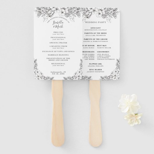 Blumenschwarz & Weiß Hochzeitsprogramm Hand Fan Fächer (Vorne und Hinten)
