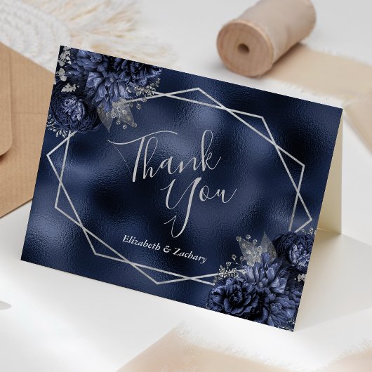 Blumensilber Geometric Navy Blue Foil Wedding Dankeskarte