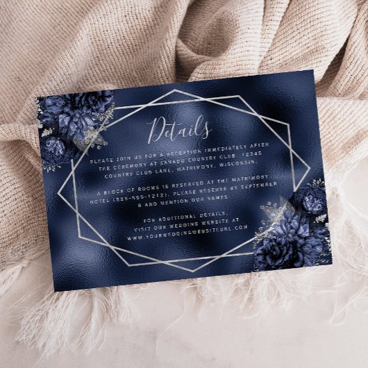 Blumensilber Geometric Navy Blue Wedding Details Begleitkarte