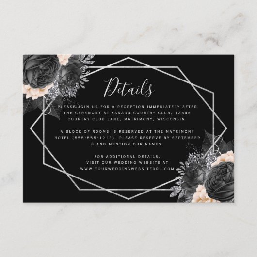 Blumensilber Peach Black Geo Hochzeitsdetails Begleitkarte (Vorderseite)