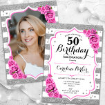 Blumensilber Weißrosa Foto 50. Geburtstag Einladung<br><div class="desc">Elegante, florale, weibliche 50. Geburtstagseinladung mit Ihrem Foto auf der Kartenrückseite. Glam weiß, rosa Design mit Imitaten Glitzer Silber. Features Streifen, Baby rosa Rosen, Skript-Schriftart und Konfetti. Ideal für ein stilvolles Party für Erwachsene. Personalisieren Sie Ihre persönlichen Daten. Kann für jedes Alter angepasst werden! Gedruckte Zazzle Einladungen oder Sofortdownload digitalen...</div>