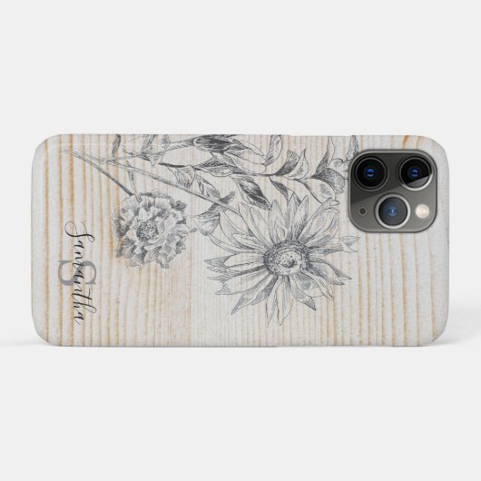 Blumenskizze auf Imitaten Holzhintergrundmonogramm Case-Mate iPhone Hülle (Rückseite (Horizontal))