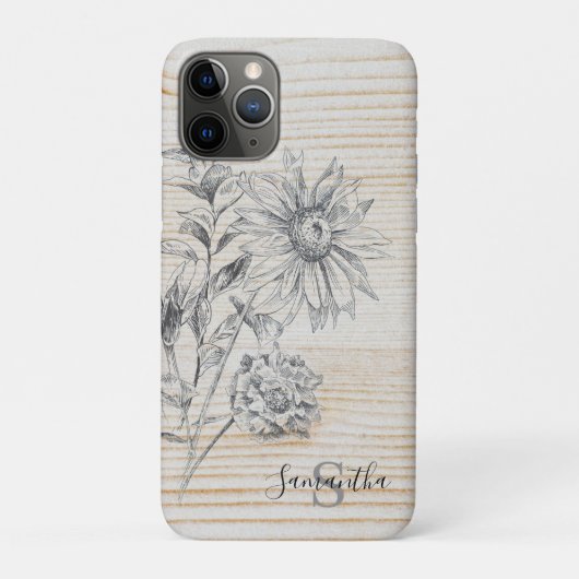Blumenskizze auf Imitaten Holzhintergrundmonogramm Case-Mate iPhone Hülle (Rückseite)