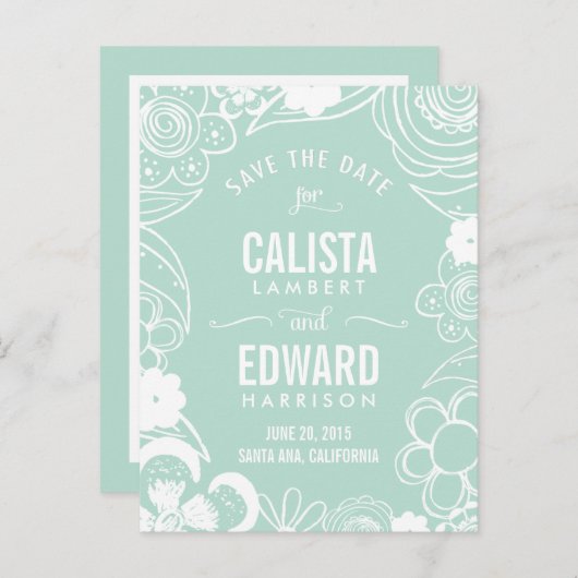 Blumenskizze Save the Date - bearbeitbare Farbe Ankündigungspostkarte (Vorne/Hinten)