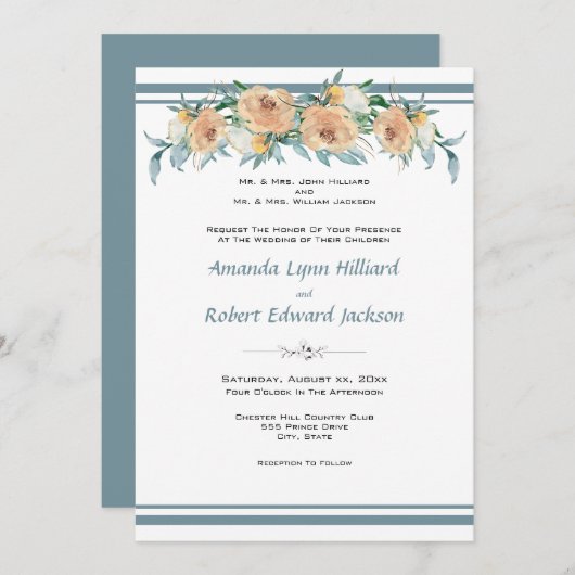 Blumensommer Hochzeit blau grün Einladung (Vorne/Hinten)