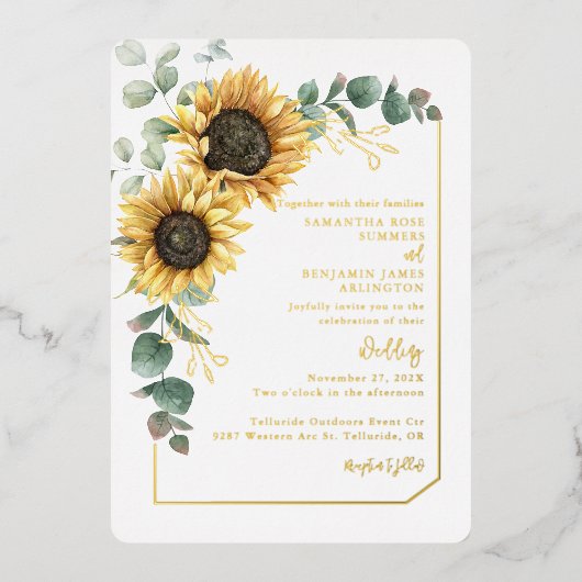 BlumenSonnenblumen Script Greenery Wedding Gold Folieneinladung (Vorderseite)