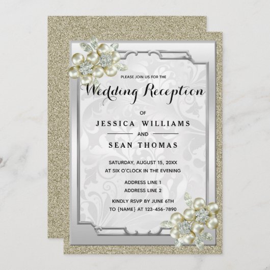 Blumenspielgerät Gerahmt, Gold & Silber Hochzeitse Einladung (Vorne/Hinten)