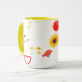 Blumenstern & Herz-Tasse - Helle Sonnenblumen & Ro Tasse (Vorderseite Links)