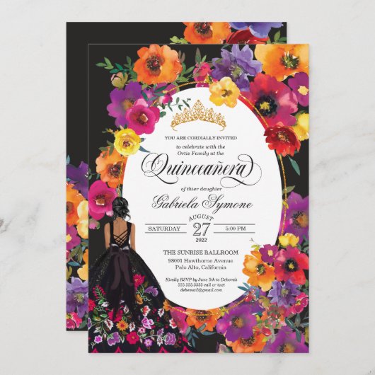 Blumenstickerei Wasserfarben Blume Quinceanera Einladung (Vorne/Hinten)