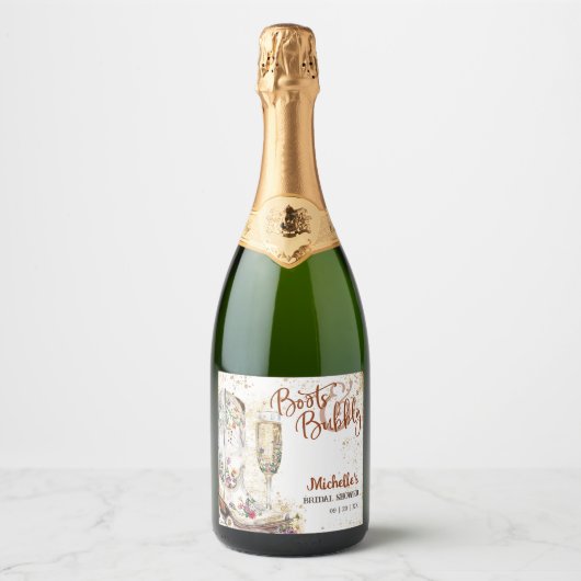 Blumenstiefel und Bubbly Western Country Schaumweinetikett (Vorderseite)