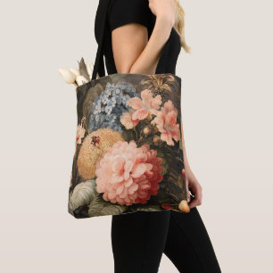 Blumenstilleben im Vintage-Stil mit roter und weiß Tasche