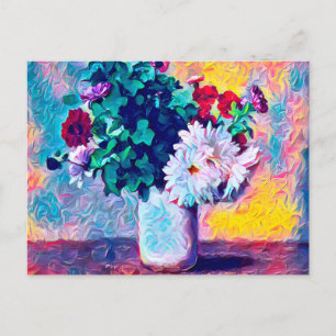 Blumenstillleben, Herbstchrysanthemen in einer wei Postkarte