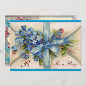 BLUMENSTORK BABY DUSCHE BLUE BOW BLUME MONOGRAM EINLADUNG (Vorne/Hinten)