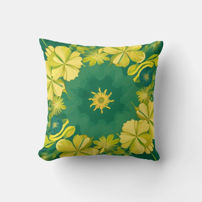 Blumenstrahlen: Gelbes und grünes botanisches Must Kissen (Vorderseite)