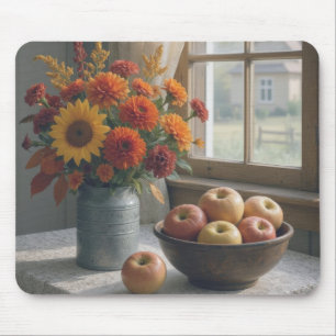 Blumenstrauß auf dem Bauernhof und Herbstäpfel Mousepad