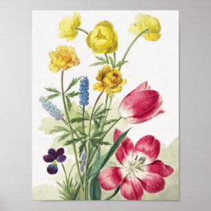 Blumenstrauß aus Tulpen, Veilchen und Blaubeeren Poster