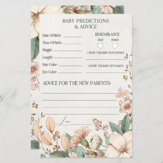 Blumenstrauß Babydusche Hinweise & Vorhersagen Kar (Vorne/Hinten)