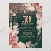 Blumenstrauß, Butterly, Lights 50. Grüne Geburtsta Einladung (Vorne/Hinten)