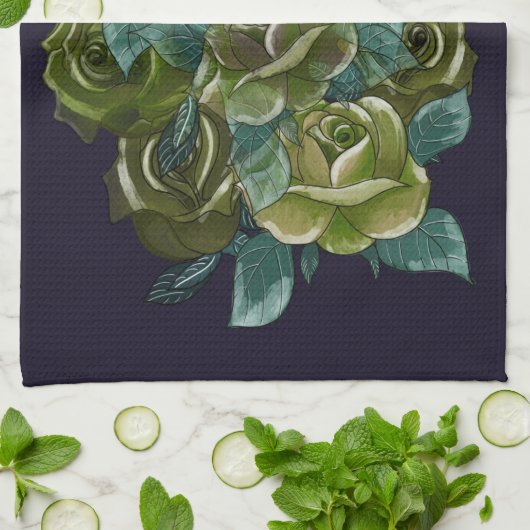 Blumenstrauß, grüne Rose auf dunkelblau Geschirrtuch (Gefaltet)