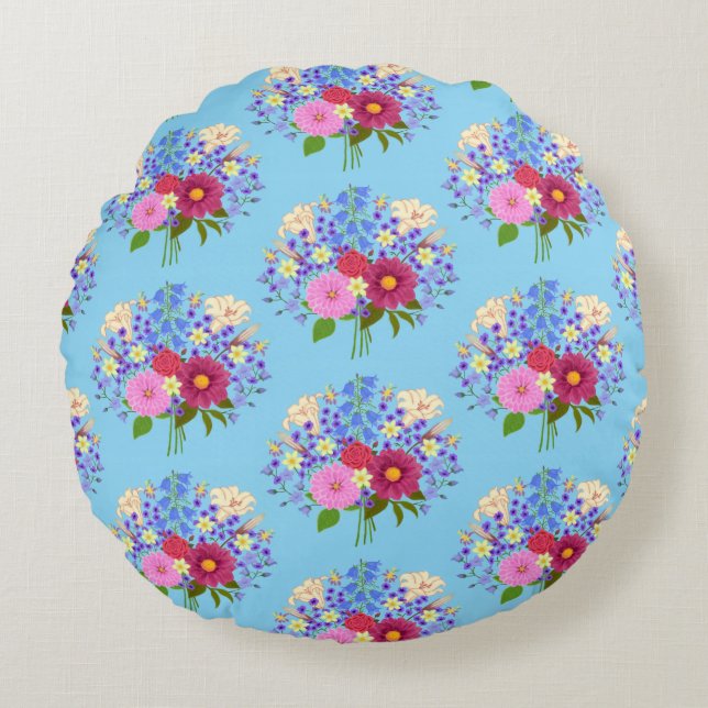 Blumenstrauss Hellblau Rundes Kissen (Vorderseite)