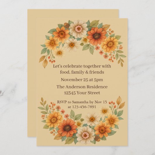 Blumenstrauß im Herbst - Eleganter Erntedank Abend Einladung (Vorne/Hinten)