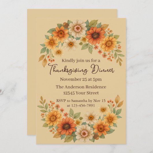 Blumenstrauß im Herbst - Eleganter Erntedank Abend Einladung (Vorne/Hinten)