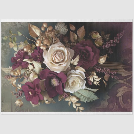 Blumenstrauß, Maronrot, Grün und Gold Seidenpapier (Vorderseite)