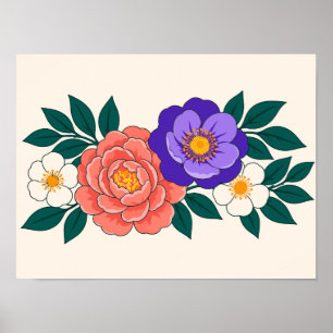 Blumenstrauß mit violetten und korallenroten Blüte Poster