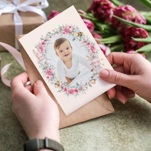 Blumenstrauß Peach Niedlich Bunny Girl Erstgeburt Einladung