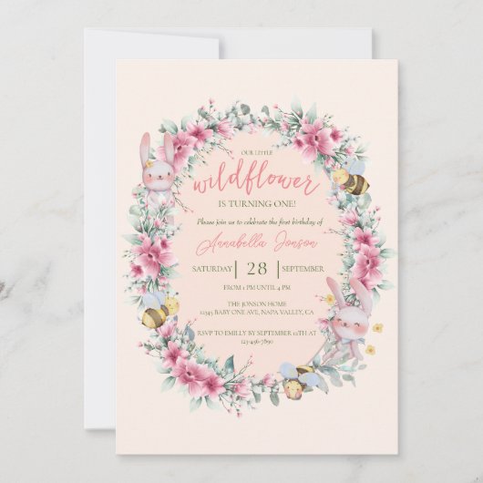 Blumenstrauß Peach Niedlich Bunny Girl Erstgeburt Einladung (Vorderseite)