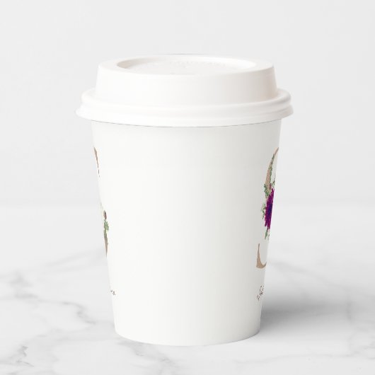 Blumenstrauß-Rose, goldfarben, monogramm, S Pappbecher (Links)