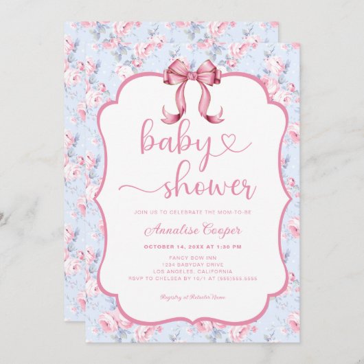 Blumenstrauß Rose Rosa Bow Kinderdusche Einladung (Vorne/Hinten)