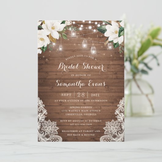 Blumenstrauß-Rustikale Holzbalken Lights Spitzen M Einladung (Stehend Vorderseite)