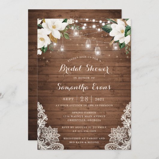 Blumenstrauß-Rustikale Holzbalken Lights Spitzen M Einladung (Vorne/Hinten)