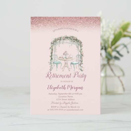 Blumenstrauß-Tee-Cup Rose Gold Bokeh Rente Einladung (Stehend Vorderseite)