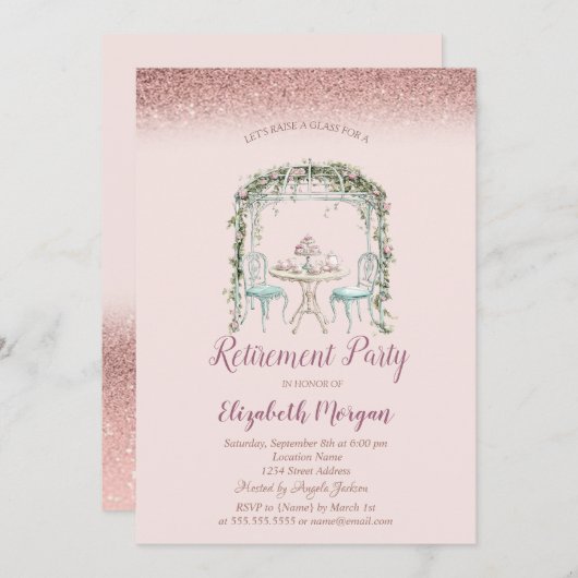 Blumenstrauß-Tee-Cup Rose Gold Bokeh Rente Einladung (Vorne/Hinten)
