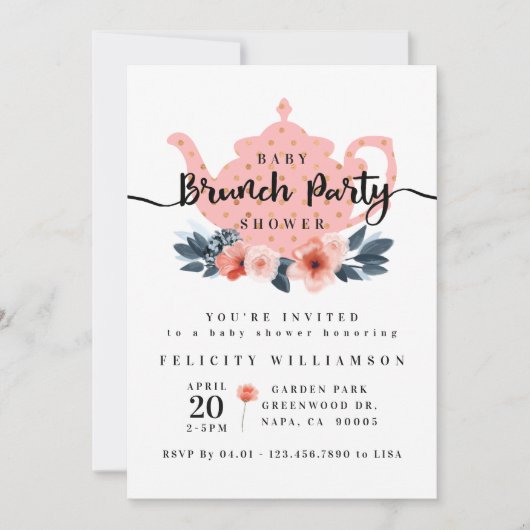 Blumenstrauß Tee Party Rosa Babydusche Einladung (Vorderseite)
