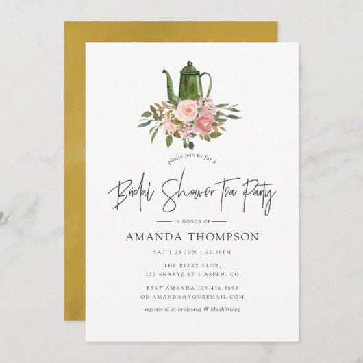 Blumenstrauß und Gold Brautparty Tee Party Einladung (Vorne/Hinten)