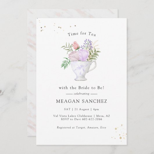 Blumenstrauß und Gold Brautparty Tee Party Einladung (Vorne/Hinten)