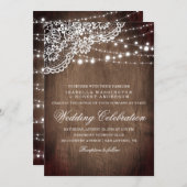 Blumenstrauß und Lichterketten Rustikale Holzverhe Einladung (Vorne/Hinten)