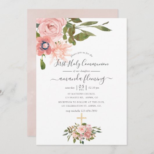 Blumenstrauß und Rose Goldene Kommune Einladung (Vorne/Hinten)